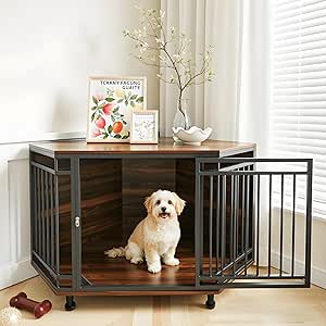VOWNER Corner Dog Cage, Wooden Dog Crate with Lockable Door and Support Legs, Furniture Style Pet Box for Home, Easy to Clean and Space-Saving for Small/Medium Dogs, 110 x 66 x 60 cm, Oak