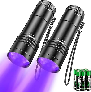 UV Torch Pack of 2 Mini UV Black Light Torch with 12 LEDs, Ultraviolet Light with 395 nm for Geocaching, Pet Urine Detectors, Pets Urine Detector etc. Includes 6 AAA Batteries