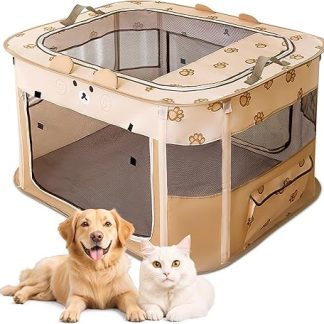 ALLSOPETS Puppy Run Foldable Playpen Dog Cat Portable Puppy Playpen Dog Box Outdoor Enclosure with Carry Bag for Indoor, Outdoor, Travel and Camping (Brown Bear, XL)