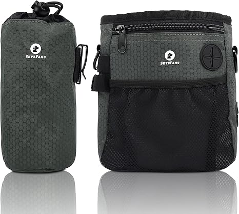 SkyeFang Dog Food Bag, 2-in-1 Treat Bag for Dogs, with Water Bottle Bag, Removable Food Bag with Waste Bag Dispenser for Walking and Dog Training (Black Green)