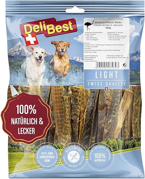 DeliBest Light Ostrich Sticks I Ostrich Tendons for Dogs I Dog Treats Grain-Free Cold Shaped - Tasty Dog Snack Made of Fresh Meat I 500 g