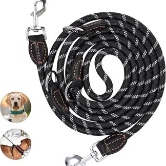 Adjustable Dog Lead for Large and Medium Dogs - Double Nylon Lead with 2 Carabiner Hooks and 3 Rings, 3 m Long, Multifunctional, Black