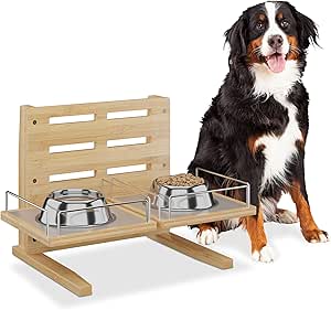 Relaxdays Dog Feeding Station, Height-Adjustable Dog Bar, HBT: 37 x 55 x 36 cm, Bowl Stand with Silicone Mat, Bamboo, Natural