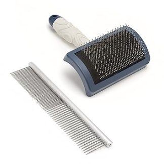 Mikki Dog Puppy Grooming Starter Kit Stainless Steel Comb and Slicker Brush with Hard Bristles for Poodle Crosses such as Cockapoos, Labradoodles, Cavapoos, Maltipoos and Golden Doodles (Blue)