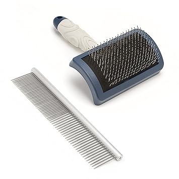 Mikki Dog Puppy Grooming Starter Kit Stainless Steel Comb and Slicker Brush with Hard Bristles for Poodle Crosses such as Cockapoos, Labradoodles, Cavapoos, Maltipoos and Golden Doodles (Blue)