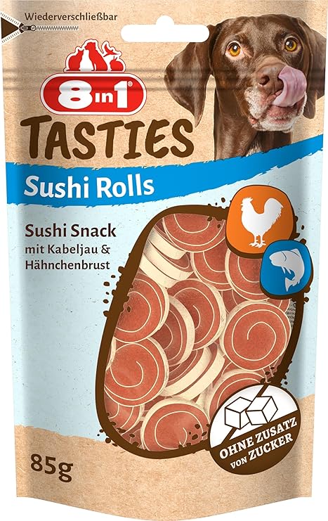 8in1 Tasties Sushi Rolls Dog Snack - Gluten Free Treats with Cod & Chicken Breast, 85 g