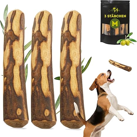 Anlolive | Pack of 3 Natural Chew Sticks Size M 18-20 cm | For Medium Dogs | Olive Wood Stick | Safe, Healthy and Durable Toy | Dental Care and Anxiety Management