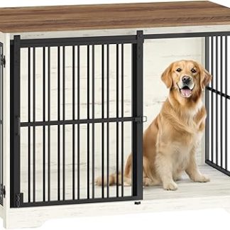 Hzuaneri Dog Cage Furniture, 110 cm Dog Crate, 2 Doors, Modern Indoor Dog Cage for Small/Medium/Large Dogs, Side Table, Reinforced Sliding Door, 110 × 65 × 81 cm, White Brown DFC84414B