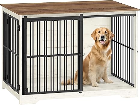 Hzuaneri Dog Cage Furniture, 110 cm Dog Crate, 2 Doors, Modern Indoor Dog Cage for Small/Medium/Large Dogs, Side Table, Reinforced Sliding Door, 110 × 65 × 81 cm, White Brown DFC84414B