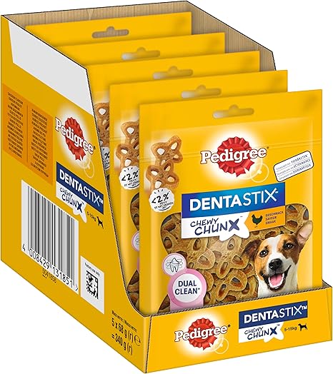 Pedigree Dentastix Chewy Chunx Dental Care Snacks for Small Dogs 5-15 kg with Chicken, 5 Packs (5 x 68g)