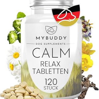 MYBUDDY Calm Relaxing Tablets Dog Soothing with Valerian Hops St. John's Wort Chamomile for All Breeds Sedative for Dogs I Made in Germany (Calm Relaxing Tablets, 120 Tablets)