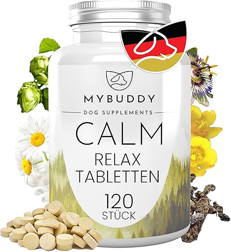 MYBUDDY Calm Relaxing Tablets Dog Soothing with Valerian Hops St. John's Wort Chamomile for All Breeds Sedative for Dogs I Made in Germany (Calm Relaxing Tablets, 120 Tablets)
