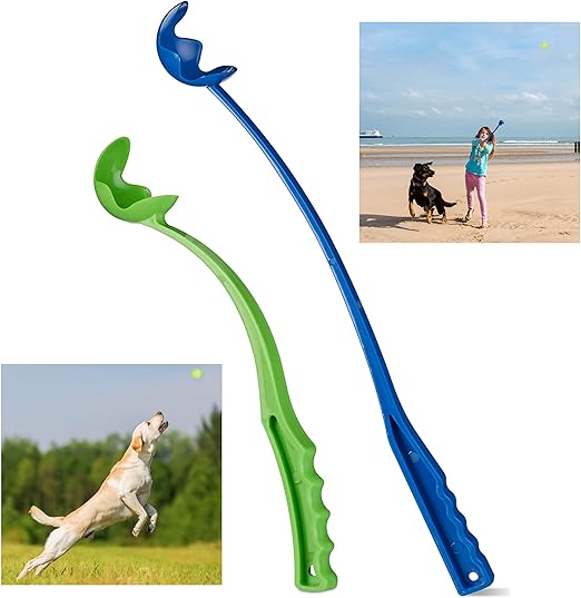 Relaxdays Ball Launcher for Dogs, Set of 2 Ball Launcher, Throwing Slingshot for Tennis Balls, Throwing Arm, Dog Toy, Blue/Green, Pack of 2