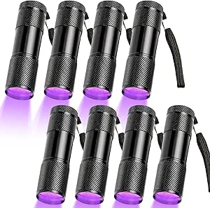 GOMETY Pack of 8 UV Torches, Mini Black Light Lamp with 9 LEDs, Black Light Torch, Hand Lamp, Black Light Lamp, Mini UV Lamp, Urine Detector for Dogs and Cats, Banknotes, Scorpions