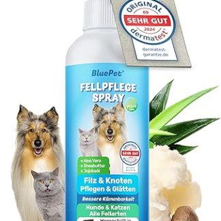 BluePet 200 ml dematting spray for dogs and cats, dissolves tangles and improves combability, anti-felt spray as fur spray for grooming, smoothing and care with aloe vera, shea butter and jojoba oil