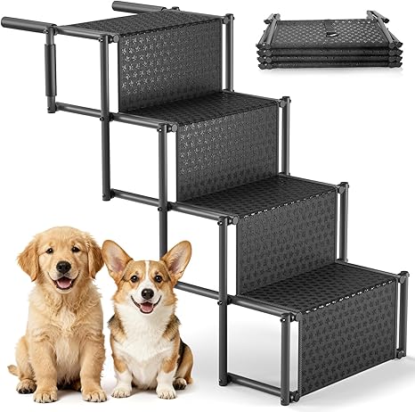 Yigowyigo Dog Stairs Car, Dog Ramp Car Foldable up to 80 kg, Dog Stairs Car Foldable for Large and Small Dogs, Water-Repellent PVC for Safety and Comfort - 4 Steps