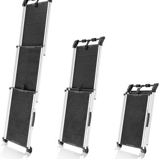 Dog Ramp Car Foldable Telescopic Aluminium Ramp for Large Dogs - Sturdy Dog Stairs Car & SUV - Non-Slip - Reflective Sides - Dog Ladder Car - 90 kg Load Capacity - Mounting Clip - Black
