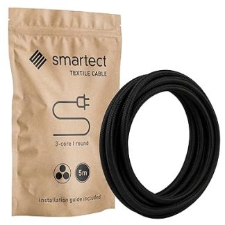 smartect Fabric Electric Cable, Black, 5 Metre Vintage Lamp Cable, 3-Core (3 x 0.75 mm²), Power Cable, Covered in Fabric, for DIY Projects