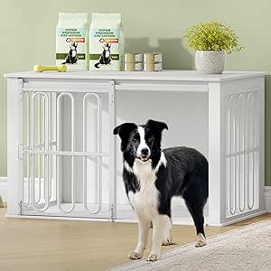 HEXCELEN Wooden Dog Cage Furniture, 100 cm Dog Crate for Home, Dog Cage with 2 Doors, Sliding Doors, for Small, Medium Dogs, Heavy Duty Side Table, 100 x 60 x 62.4 cm, White