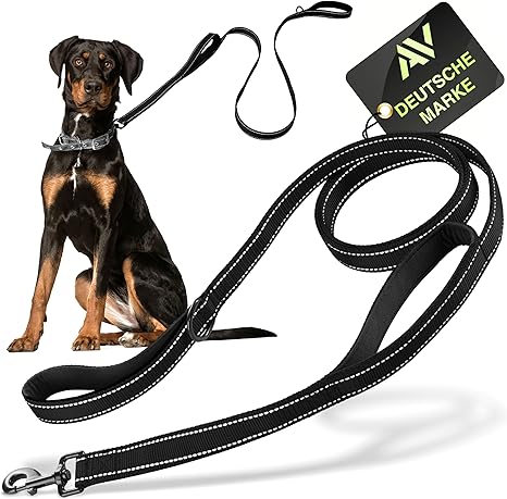 AVANA Dog Lead with Integrated Short Lead, Reflective Lead, 2 Hand-friendly Padded Hand Loops, 1.5 m Lead for Large and Medium Dogs, Black