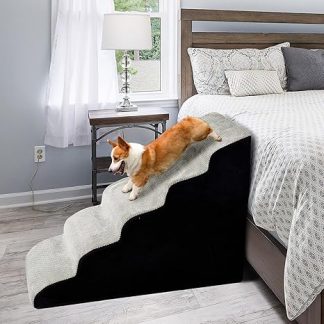 A.FATI Dog Stairs 60 cm High, 5 Steps Dog Ramp for Box Spring Bed, Couch, Non-Slip Pet Stair/Ramp for Small/Injured Dogs, Cats - with Dog Toy Rope, Colour in Grey