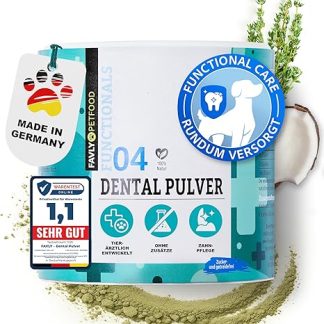 FAVLY Dental Care Powder for Dogs 250 g - Supplementary Food Tooth Powder Topping Dog Against Bad Breath & Tooth Plaque - with Organic Chlorella & Sage - No Cereals & Additives