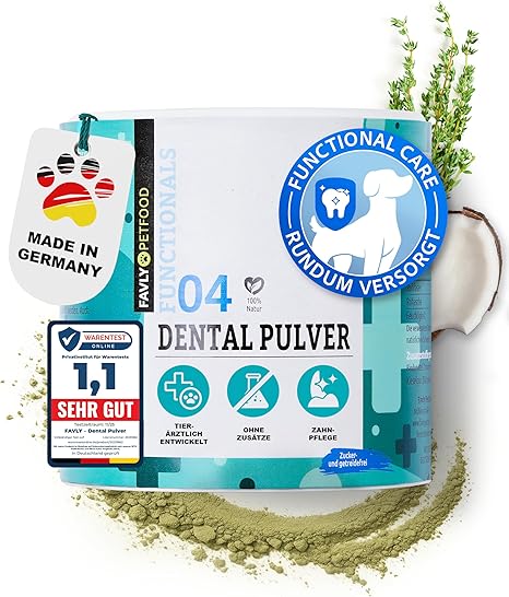 FAVLY Dental Care Powder for Dogs 250 g - Supplementary Food Tooth Powder Topping Dog Against Bad Breath & Tooth Plaque - with Organic Chlorella & Sage - No Cereals & Additives