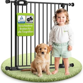 Bomi Merle Flatstep Stair Safety Gate, Width 95-103 cm, Door Safety Gate No Drilling, Sturdy Child Safety for Children and Dogs, TÜV-Tested Dog Gate, Door Gate, Stair Gate, Metal, Black