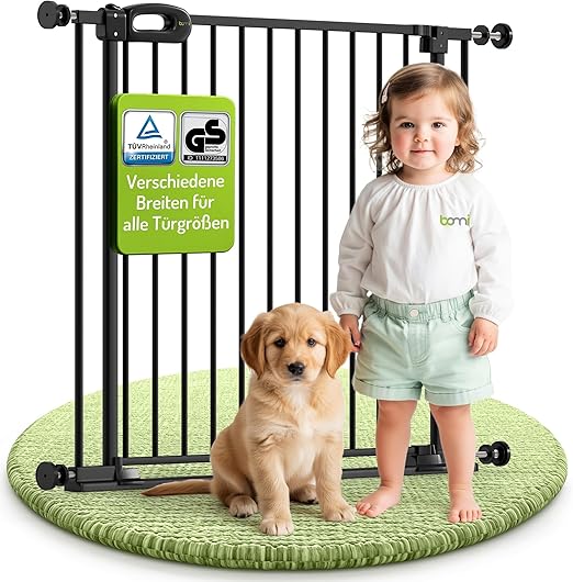 Bomi Merle Flatstep Stair Safety Gate, Width 95-103 cm, Door Safety Gate No Drilling, Sturdy Child Safety for Children and Dogs, TÜV-Tested Dog Gate, Door Gate, Stair Gate, Metal, Black