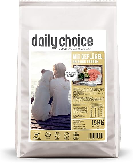 daily choice Basic - 15 kg - Dry Food for Dogs - with Poultry, Rice and Peas - No Inferior Carbohydrates - Wheat Free - With Green-Lipped Mussel and Chicory
