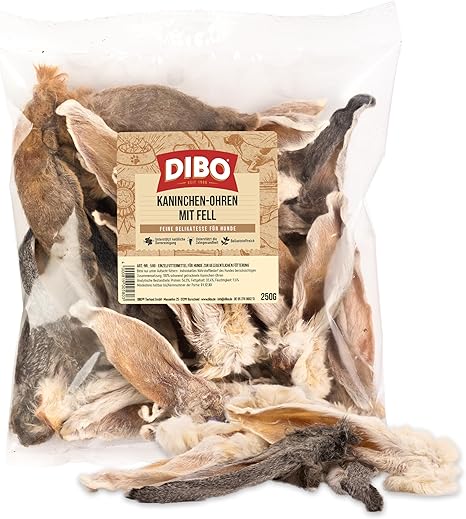 DIBO Rabbit Ears with Fur, 250 g Bag - 100% Gently Dried Natural Chew Snack for Dogs, Natural Intestinal Cleansing, Natural and Species-Appropriate Barf Treats