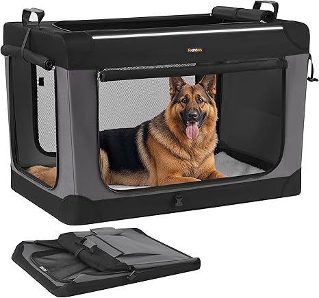 Feandrea Dog Crate Foldable 42 Large Dog Carrier Oxford Fabric with 4 Mesh Doors Handles, Food and Water Bottle Pockets Ink Black PDC021B01