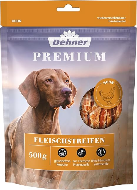 Dehner Premium Dog Treat, Grain-Free / Low Fat, Chew Snack for Adult Dogs, Chicken Breast Fillet in Strips, 500 g