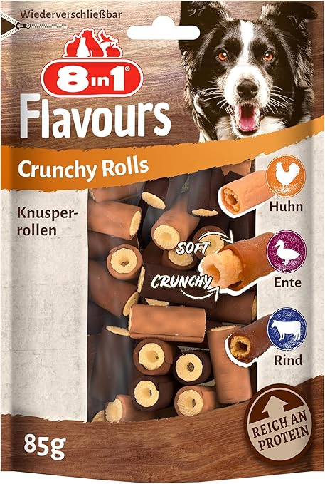 8in1 Flavours Crunchy Rolls Dog Snacks - Crunchy Treats for Dogs with Chicken Breast, Duck Breast or Beef, 85g Bag