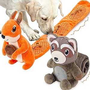 LECHONG 2 Pack Interactive Dog Toy Squeaky, Intelligence Toy for Foraging & Tug of War, Stress Relief, Boredom with Crinkle Tail & Treat Bags for Small/Medium/Large Dogs