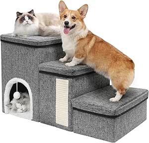 Newthinking Dog Stairs 3 Steps with Storage Space, Non-Slip & Foldable Stairs for Small Dogs, Older Dogs & Cats, Dog Stairs for Sofa & Bed, Maximum Load 20 kg