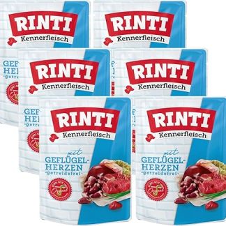 Rinti Kennerfleisch Poultry Hearts | 6 x 400 g Fresh Bags | 70% Meat & Offal | Grain Free | With Omega 3 & Fibre | Complete Food for Adult Dogs