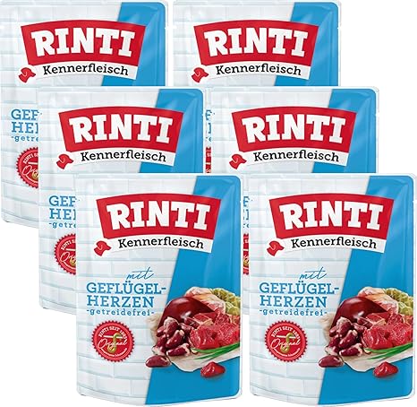 Rinti Kennerfleisch Poultry Hearts | 6 x 400 g Fresh Bags | 70% Meat & Offal | Grain Free | With Omega 3 & Fibre | Complete Food for Adult Dogs