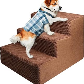 Pet Stairs for Small Dogs and Cats, Removable Washable Dog Stairs Cat Stairs Made of Sponge with Zip Plush Cover, Portable Pet Stairs for Old Dogs (3 Steps, Brown)