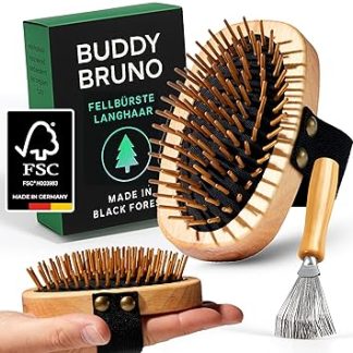 Dog Brush Undercoat for Long Hair – 100% Natural Bristles – Made in Germany – Gentle Undercoat Brush for Detangling & Smoothing without Pulling – Oiled FSC Wooden Handle + Extra Brush Cleaner