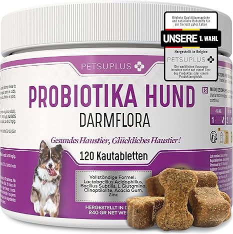 PETSUPLUS Probiotika Dog, 120 Chewable Tablets, Dog Dietary Supplement with Psyllium Husks, Repairs the Intestinal Flora & Protects the Immune System, Treatment Against Diarrhoea, Vomiting and