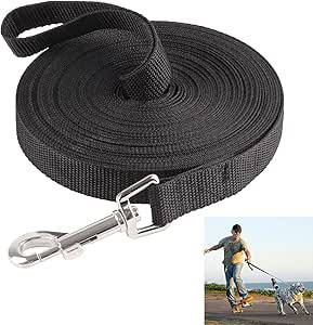 Recall Lead 10 m for Dogs, Long Dog Lead for Training and Outdoor, Training Lead for Small to Large Dogs, Robust Nylon Dog Lead with Hand Loop and D-Carabiner (Black)