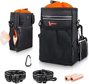 lanktoo Dog Treat Bag with Poop Bag Holder, Waterproof Dog Training Bag Pouch W/Shoulder Strap, Waist Belt, Clip, Easily Carry Dog Toys, Food - Black