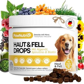 PawNutrio® - Haut & Fell Drops mit Algenöl (Omega 3) für Hunde I gegen Juckreiz, Haarausfall & trockene Haut I für glänzendes Fell mit Biotin, Bierhefe, Vitamin E I 100% natürlich I ca. 120 STK.