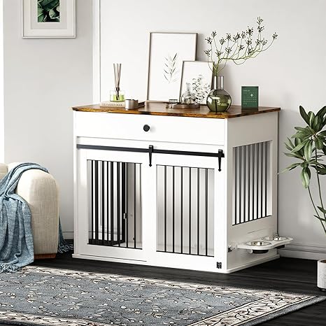 DAWNYIELD Dog Crate for Large Dogs, Furniture Style Pet Crate with Sliding Doors, Wooden Indoor Dog Kennel, Side Table with Drawer, Lockable Dog Kennel with 360° Rotating Dog Bowl, White