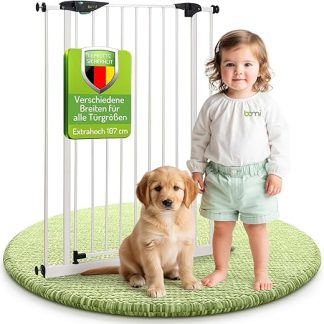 BOMI Mira Door Safety Gate Extra High No Drilling Closes Automatically Door Safety Gate White Metal Self-Closing Stair Gate for Clamping Baby Width: 73-81 cm