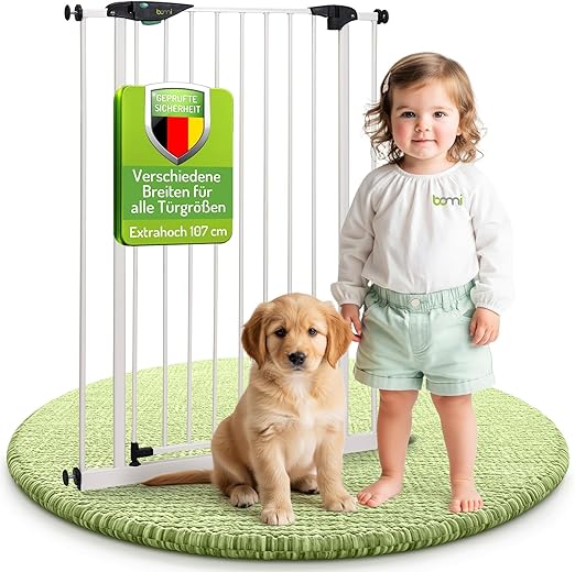 BOMI Mira Door Safety Gate Extra High No Drilling Closes Automatically Door Safety Gate White Metal Self-Closing Stair Gate for Clamping Baby Width: 73-81 cm