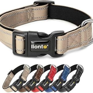 lionto Durable Nylon Dog Collar, Size S, Soft Padded Collar for Dogs, 360° Reflective & Click Closure, Metal Ring & Adjustment by Continuous Slider, Beige