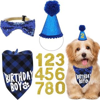 Dog Birthday Hat Bandana Set - Hats Bows Bow Tie and Bandanas for Dog Birthday with Numbers for Pet Costumes Happy Birthday Party Decorations Accessories (Blue)