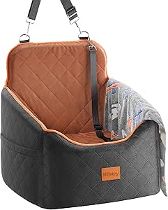HiPetpy Dog Car Seat - Car Seat with Blanket & Thick Cushion for Small Dogs up to 14 kg / 30 lb, Raised Design with Safety Lead, Non-Slip Dog Bed for Car with Storage Bags (Brown)